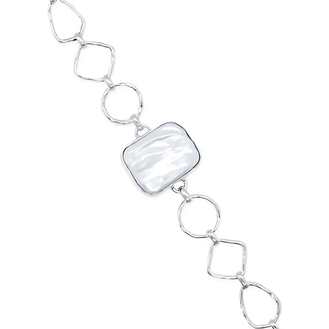 Sterling Silver Hammered Finish Link Biwa Pearl Bracelet