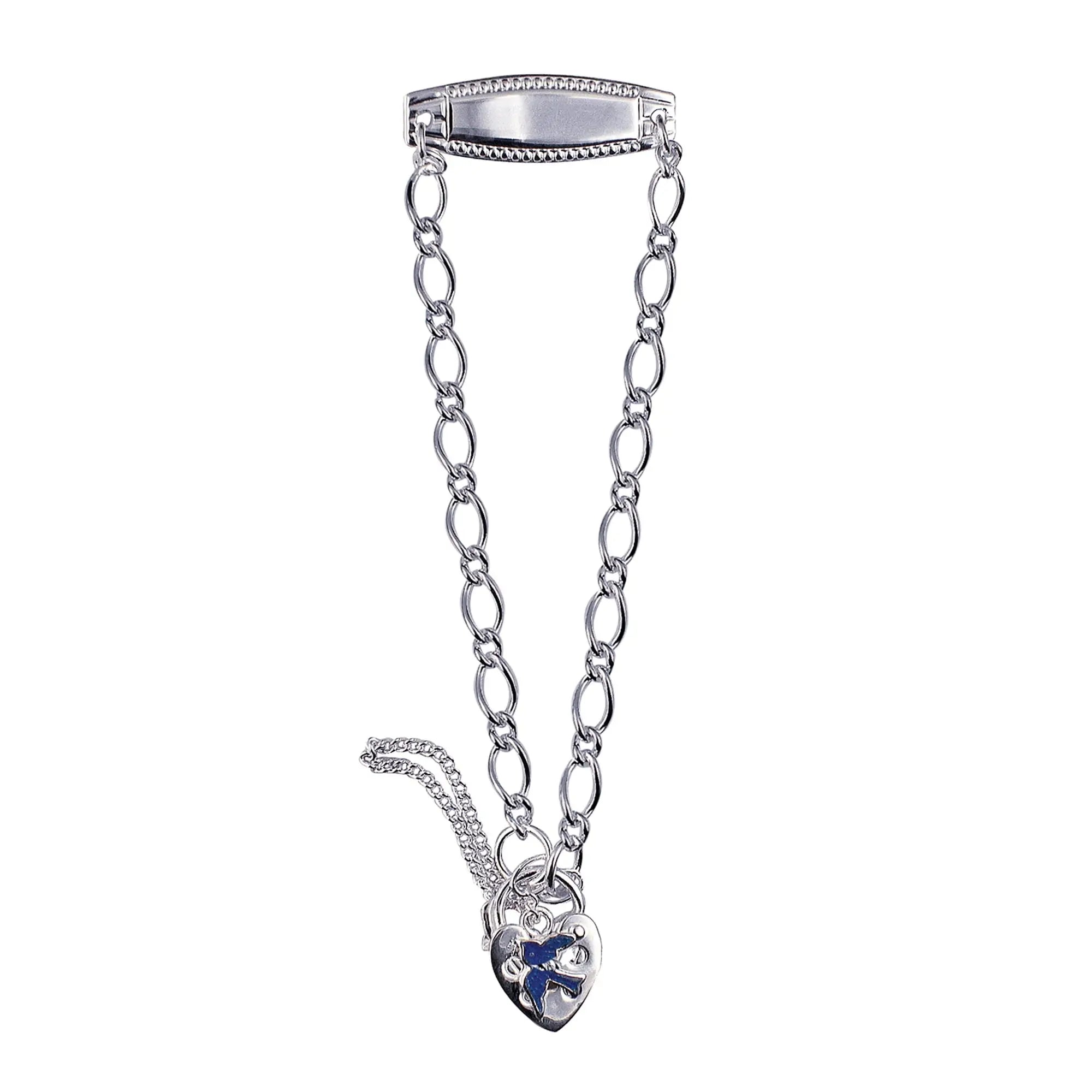 Sterling Silver Oval Figaro ID Childs Padlock Blue Bird Bracelet