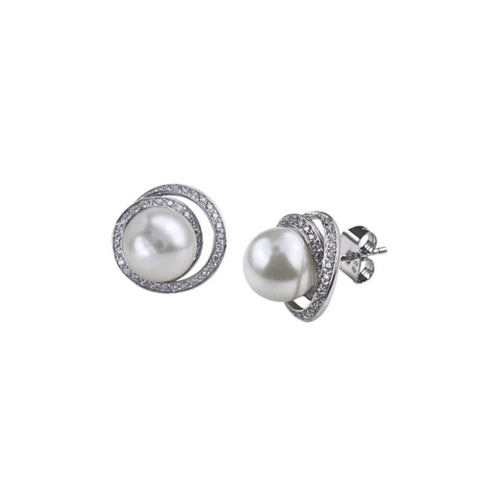 Sterling Silver Pearl And Cubic Zirconia Swirl Studs