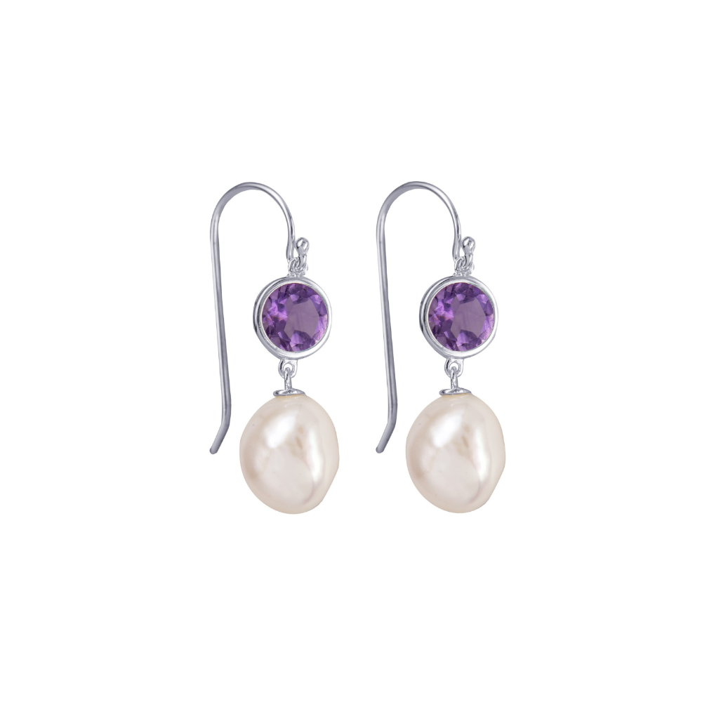 Sterling Silver Pearl & Amethyst Drop Earrings
