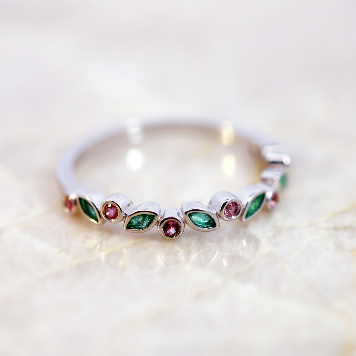 9ct White Gold Emerald & Pink Tourmaline Ring