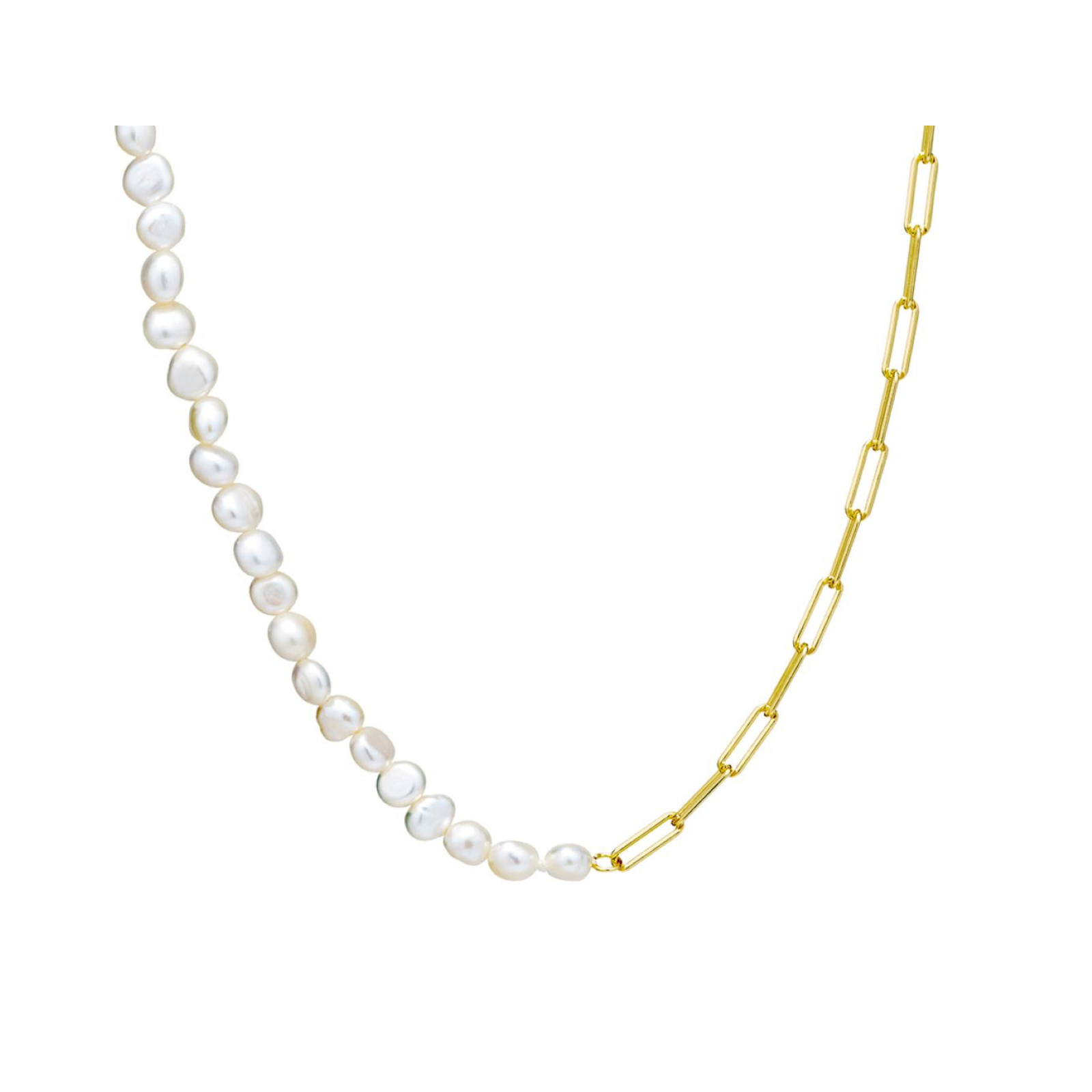 Yellow Gold Plated Oblong Paperlink And Pearl Necklace