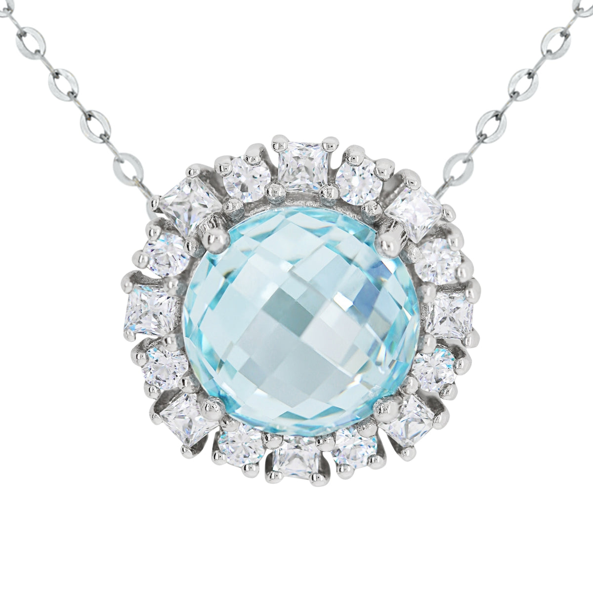 9ct White Gold Blue Swarovski CZ Pendant With Halo