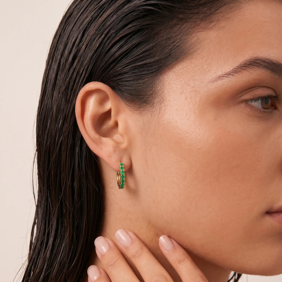 9ct Yellow Gold Natural Emerald Set Huggie Earrings