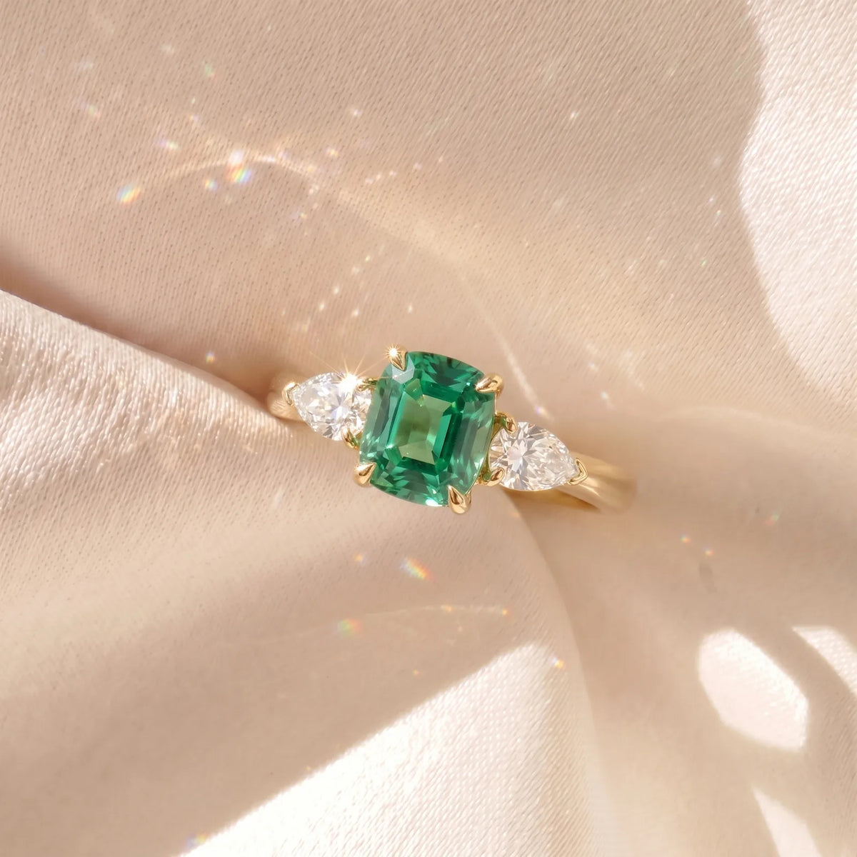 14ct Yellow Gold Cushion Modified Brilliant Green Lab Grown Diamond Trilogy Ring