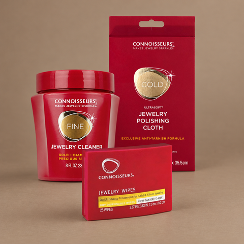 Gold Jewellery Cleaning Bundle on a warm brown background