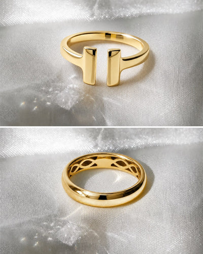 Dorothy's gold-plated open-front ring and Millie's 9ct yellow gold band, created for the Manifest Your Perfect Piece collaboration