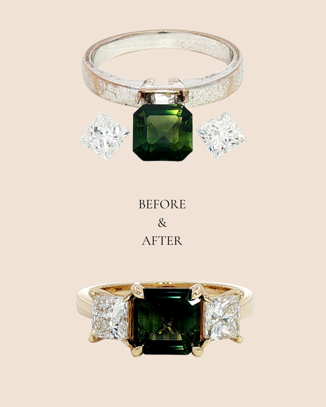 Gold and diamond ring remodelling before and after Jewellery remodelling design sketch Custom jewellery remodelling on Gold Coast
