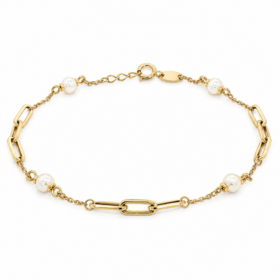 9ct yellow gold paperclip and freshwater pearl bracelet — full bracelet