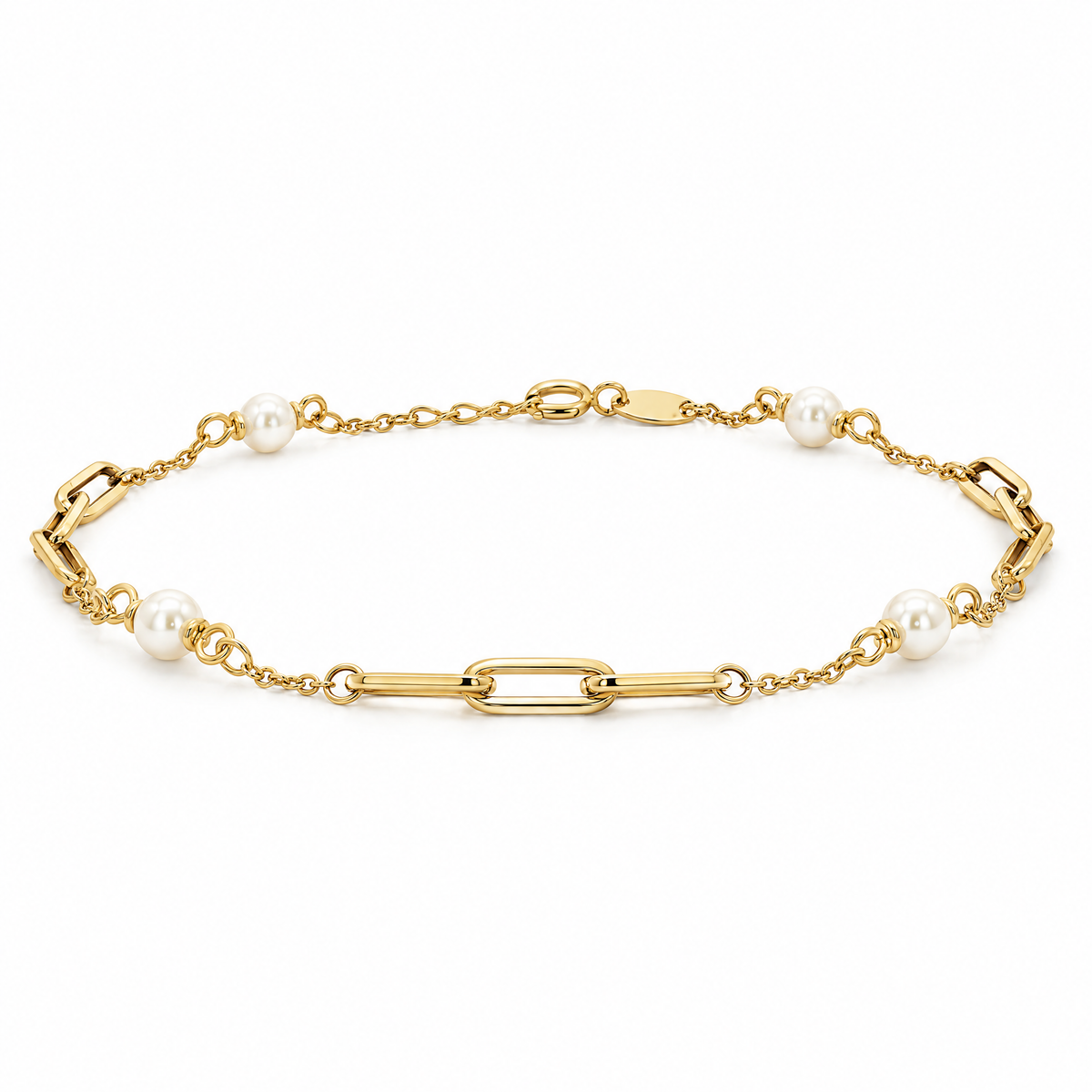 9ct yellow gold paperclip and freshwater pearl bracelet — angled view