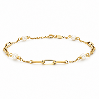 9ct Yellow Gold Paperclip & Pearl Bracelet - alternate