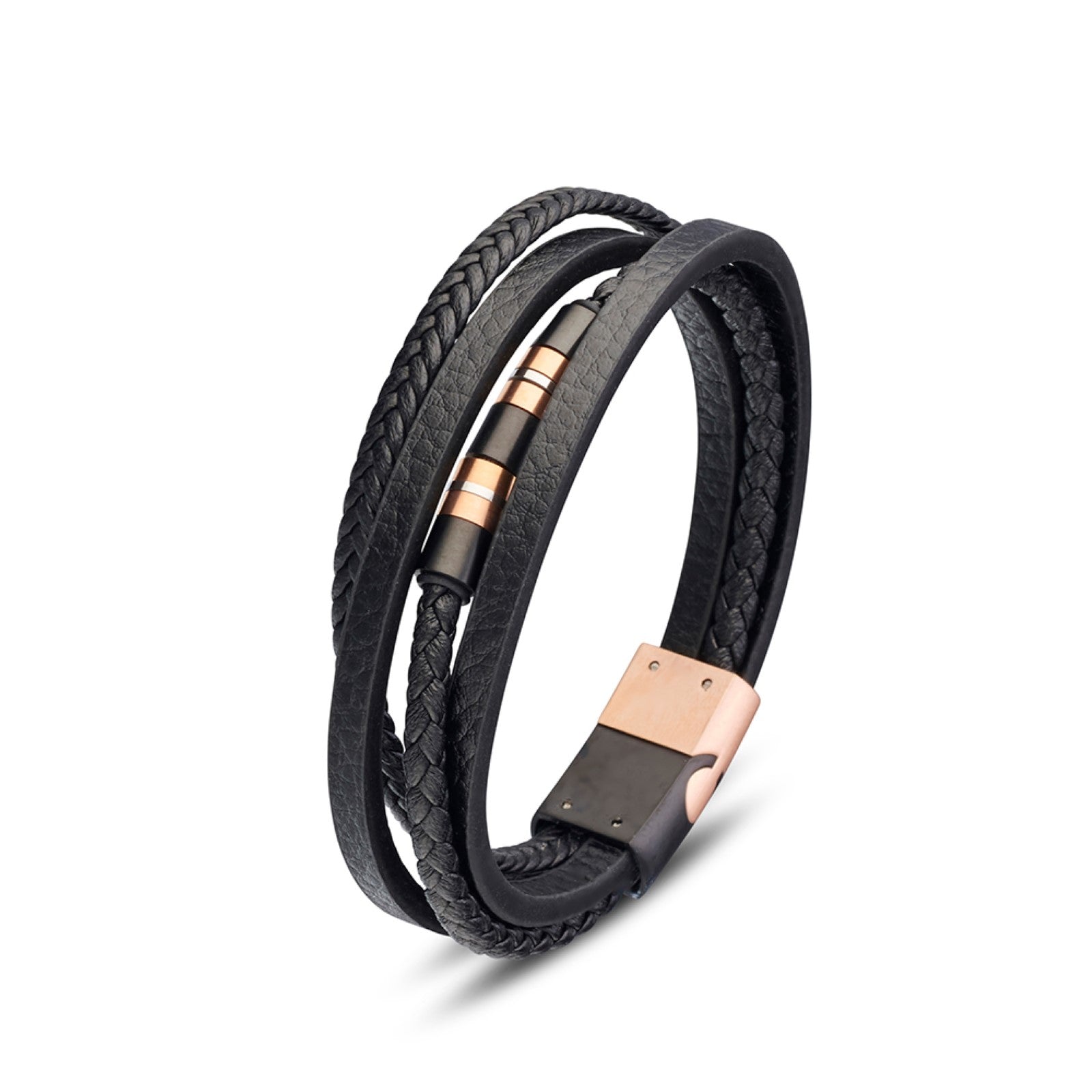 Mens Black Four Strand Plaited & Plain Leather Bracelet With Stainless Steel & Rose Center Bar & Clasp