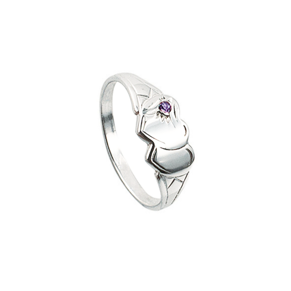 Sterling Silver Double Heart Purple Cz Signet Ring [Size F]