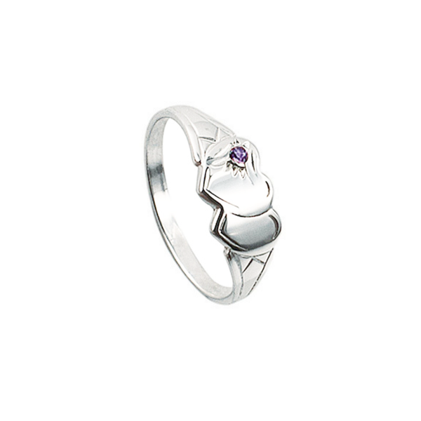 Sterling Silver Double Heart Purple Cz Signet Ring [Size F]