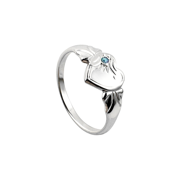 Sterling Silver Single Heart March Birthstone Signet Ring Size F
