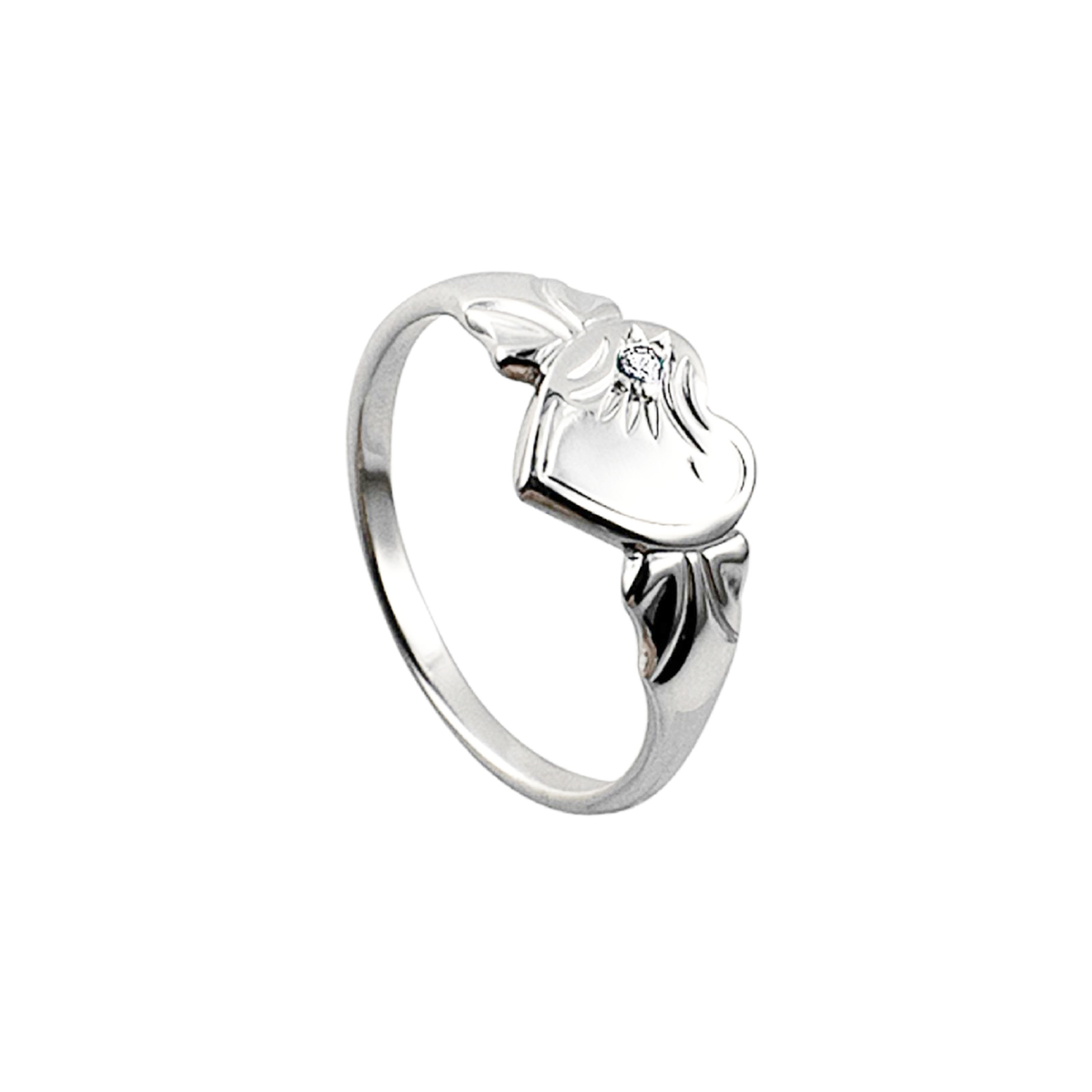 Sterling Silver Single Heart April Birthstone Signet Ring Size F