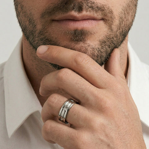 Men's Sterling Silver Patterned Wedding Ring - alternate view