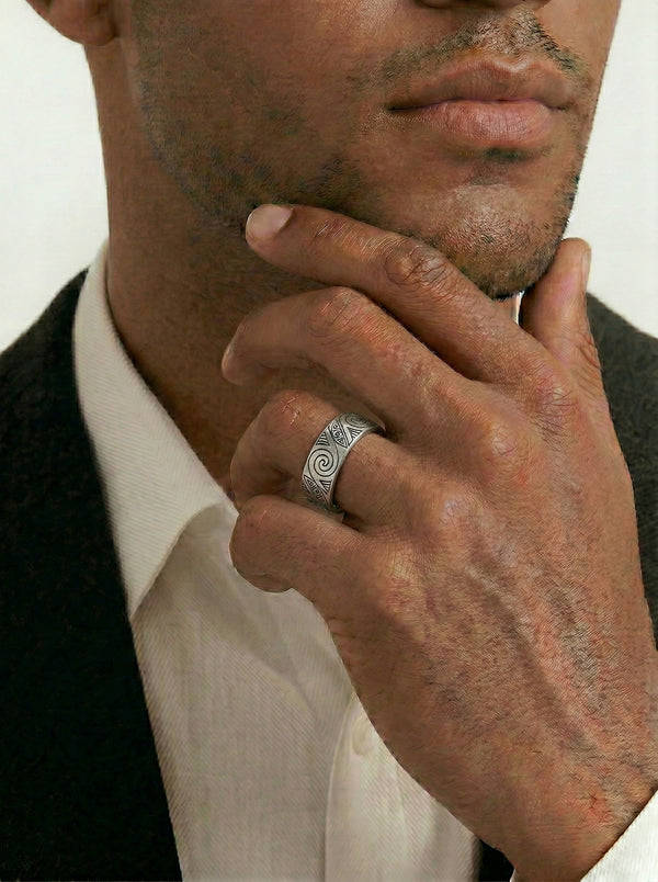 Men's Sterling Silver Tribal Pattern Wedding Ring - alternate view