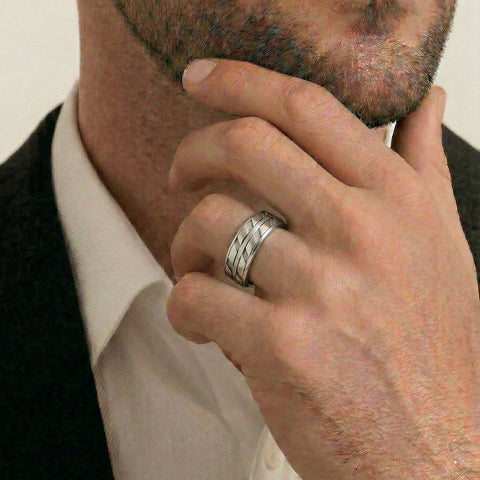 Men's Titanium, Sterling Silver & Steel Patterned Wedding Ring - alternate view