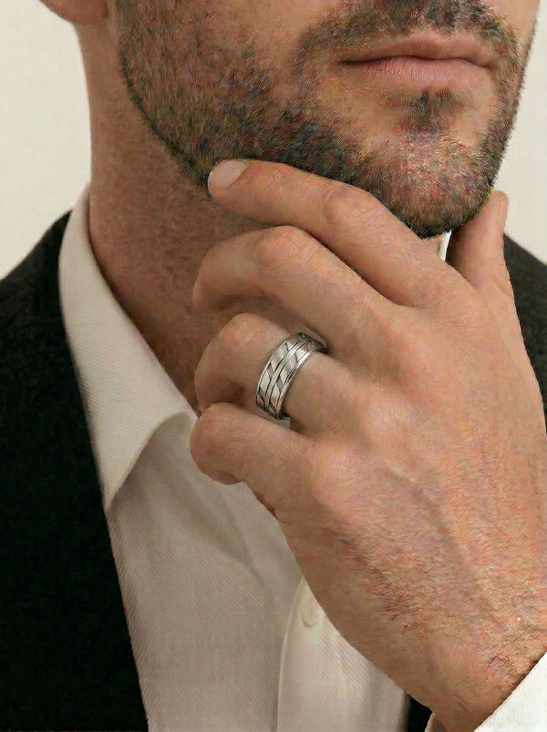 Men's Titanium, Sterling Silver & Steel Patterned Wedding Ring - alternate view