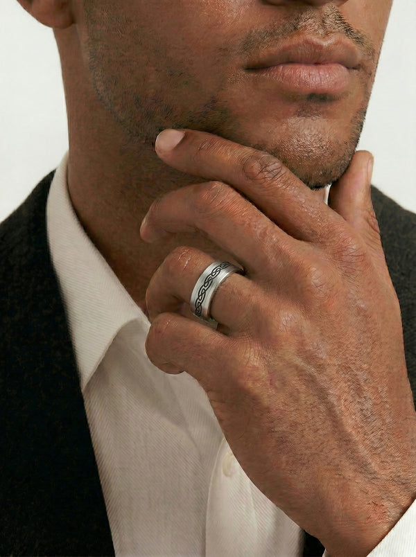 Men's Sterling Silver & Steel Matte Wedding Ring With Celtic Patten - alternate view
