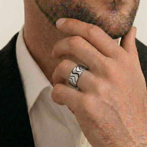 Men's Sterling Silver Wedding Ring With Enamelled Pattern - alternate view
