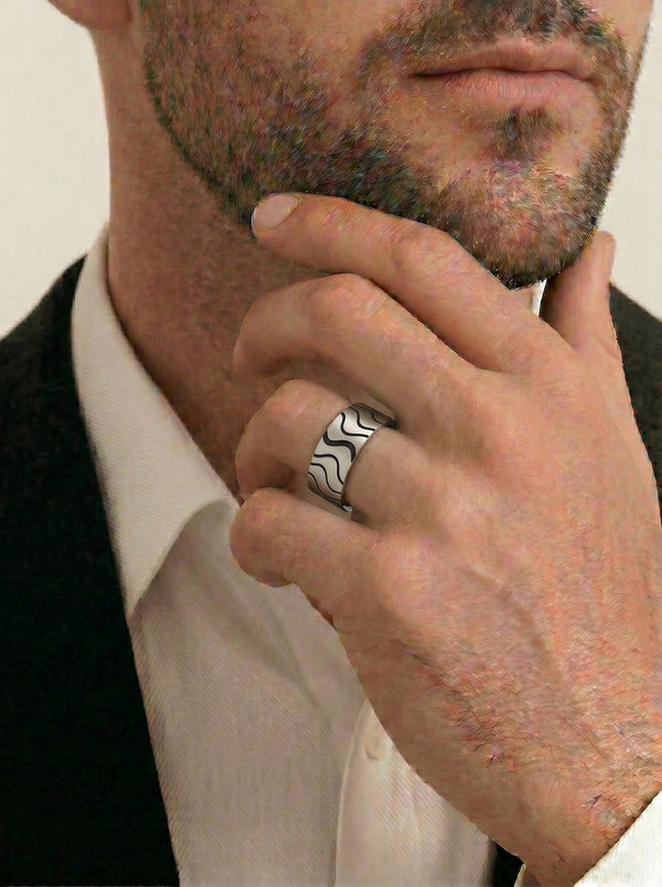Men's Sterling Silver Wedding Ring With Enamelled Pattern - alternate view