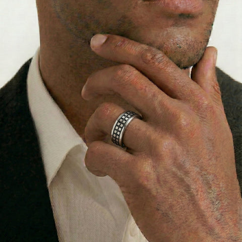 Men's Sterling Silver Oxidised Patterned Wedding Ring - alternate view