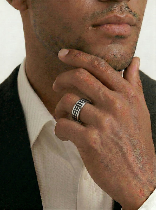 Men's Sterling Silver Oxidised Patterned Wedding Ring - alternate view
