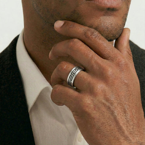 Men's Sterling Silver Oxidised Greek Key Wedding Ring - alternate view