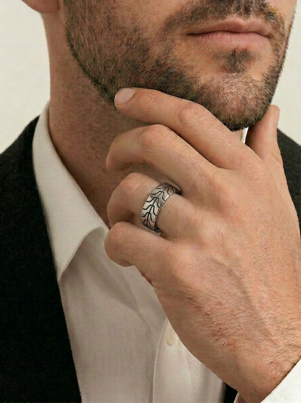 Men's Sterling Silver Oxidised Patterned Ring With Polished Finish - alternate view