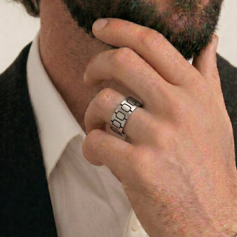 Men's Sterling Silver Oxidised Pattern Wedding Ring - alternate view