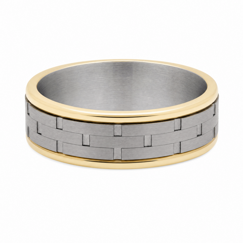 Men's 9ct Yellow Gold And Titanium Geometric Patterned Wedding Ring