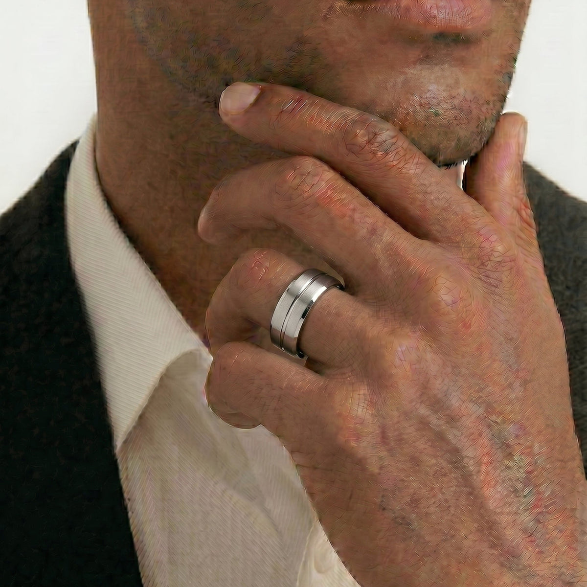 Men's Titanium Satin & Polished Strip Wedding Ring