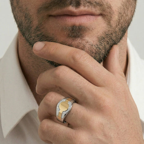 Men's 9ct Yellow Gold & Sterling Silver Cubic Zirconia Set Signet Ring - alternate view