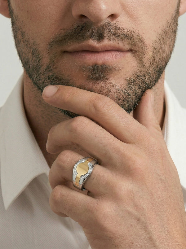 Men's 9ct Yellow Gold & Sterling Silver Cubic Zirconia Set Signet Ring - alternate view
