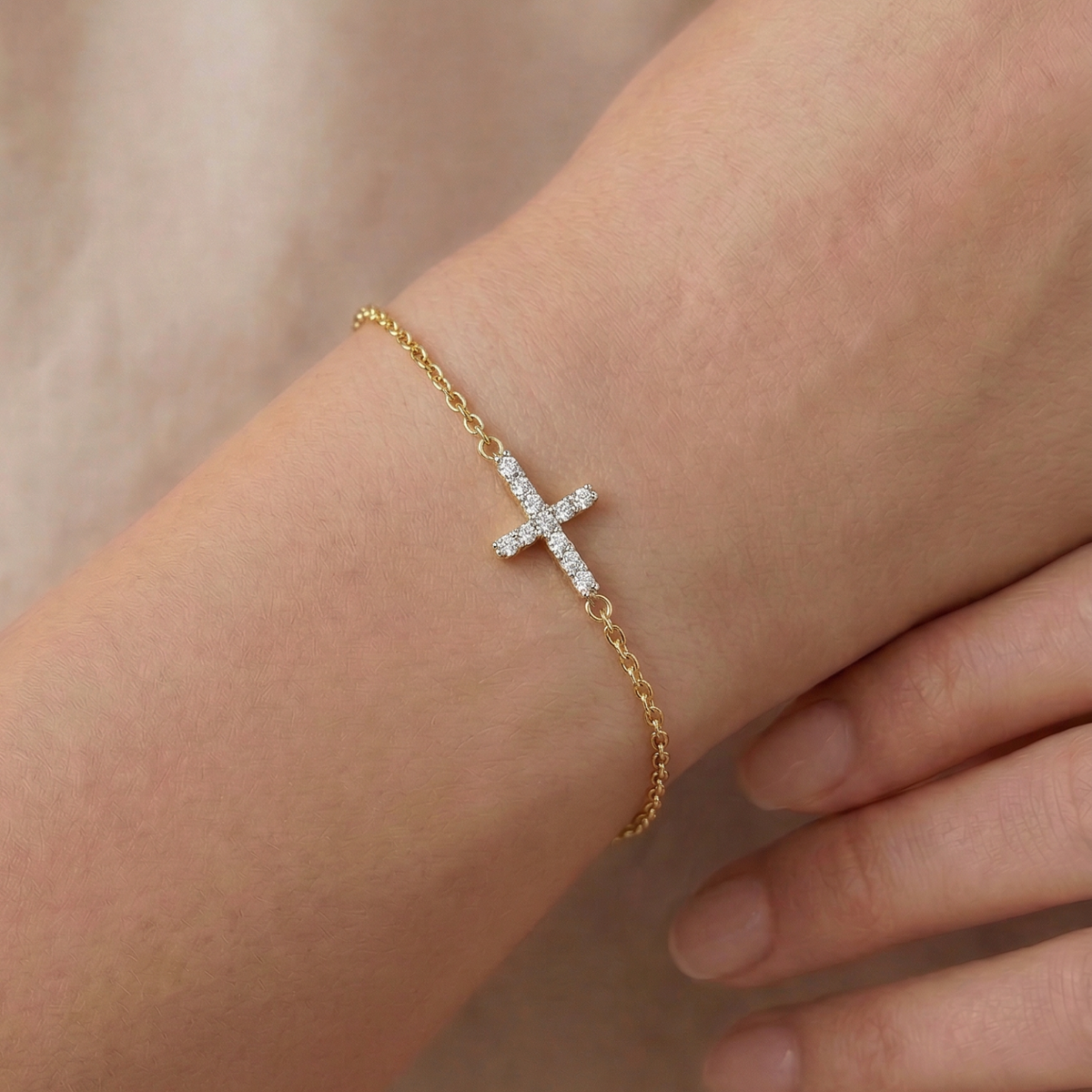 9ct Yellow Gold Delicate Bracelet With Diamond Set Cross