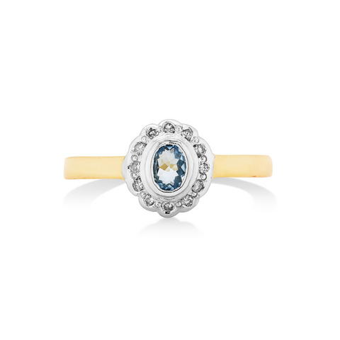9ct Yellow Gold Oval Aquamarine & Diamond Ring - alternate view