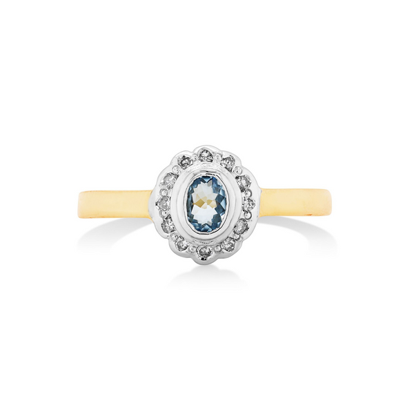 9ct Yellow Gold Oval Aquamarine & Diamond Ring - alternate view