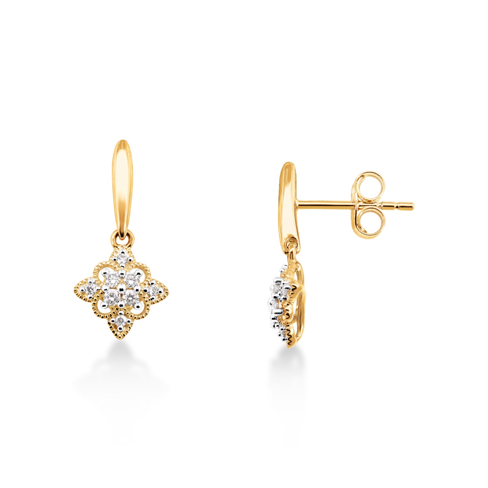 9ct Yellow Gold Diamond Bar And Floral Drop Earring