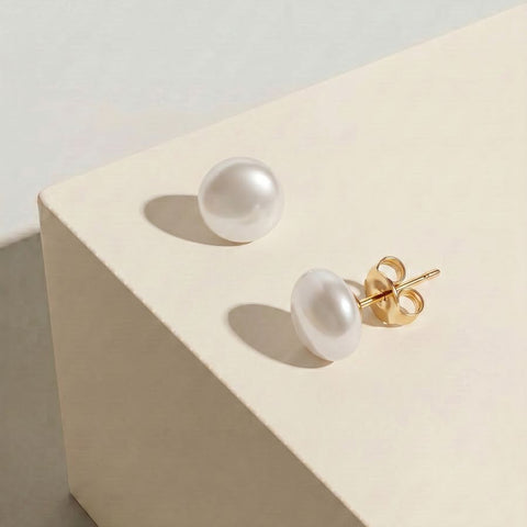 9ct Yellow Gold Button Pearl Studs - alternate view