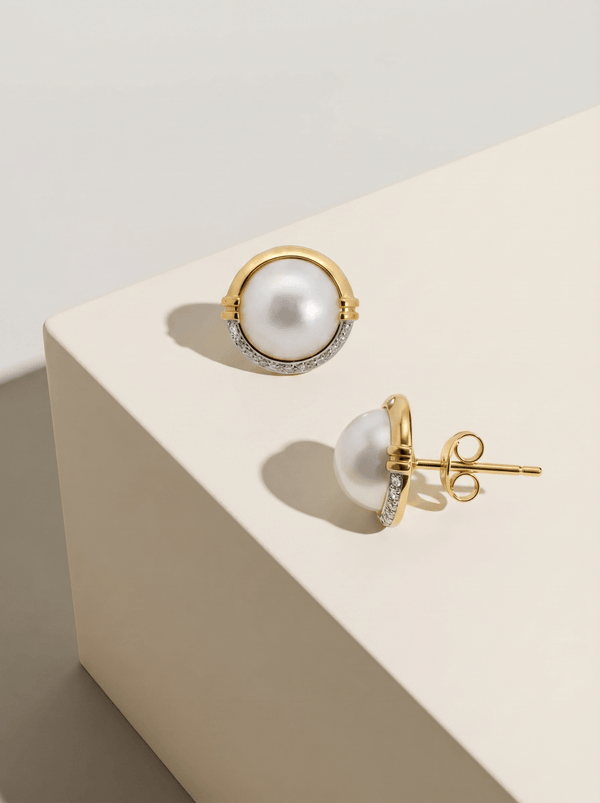 9ct Yellow Gold Mabe Pearl And Diamond Earrings - alternate view