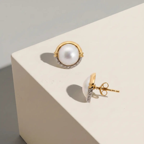 9ct Yellow Gold Mabe Pearl And Diamond Earrings - alternate view