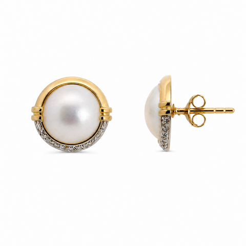 9ct Yellow Gold Mabe Pearl And Diamond Earrings