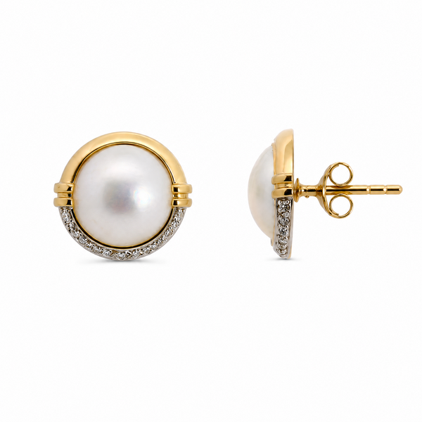 9ct Yellow Gold Mabe Pearl And Diamond Earrings