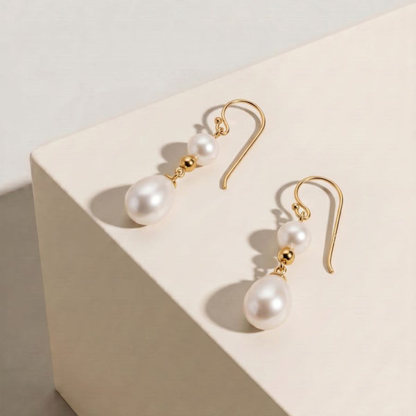 9ct Yellow Gold Double Pearl Drop Earrings - alternate view