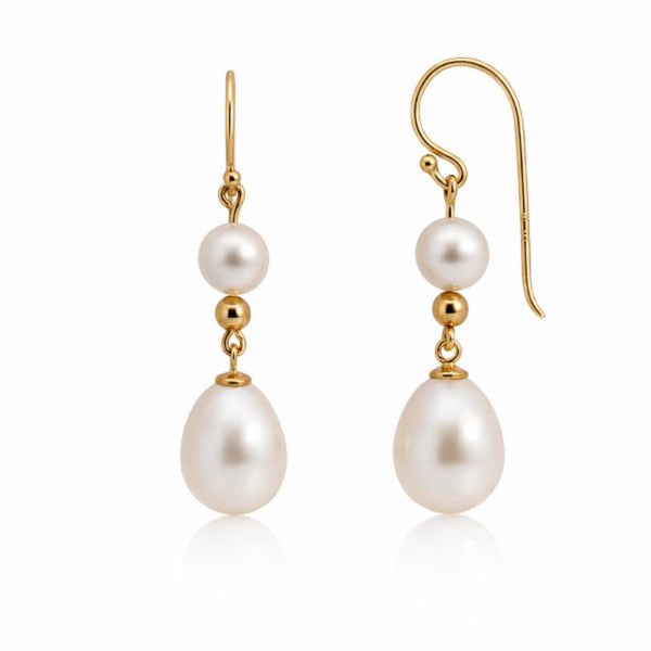 9ct Yellow Gold Double Pearl Drop Earrings