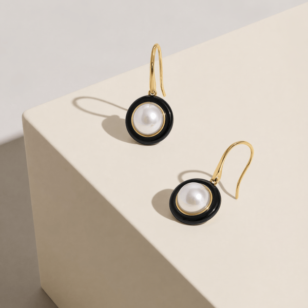 9ct Yellow Gold Pearl And Black Onyx Earrings - alternate view