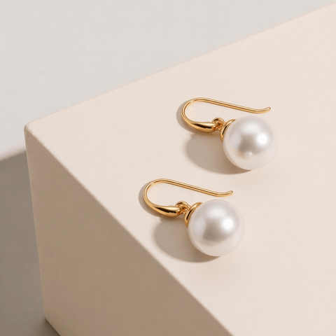 9ct Yellow Gold Button Pearl Hook Earrings - alternate view