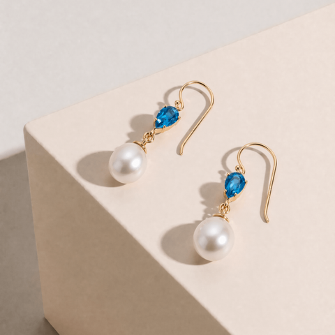 9ct Yellow Gold Freshwater Pearl and Topaz Drop Earrings - alternate view